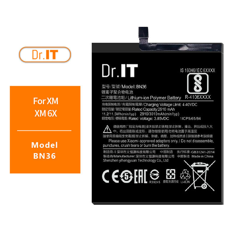 OEM BN36 Lithium Cell Phone Battery Replace 3010mAh For Xiaomi 6X